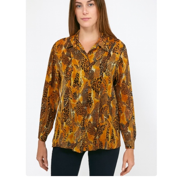 Vintage 100% Rayon Leopard Print Sheer Long Sleeve Blouse Size Large - Picture 1 of 4